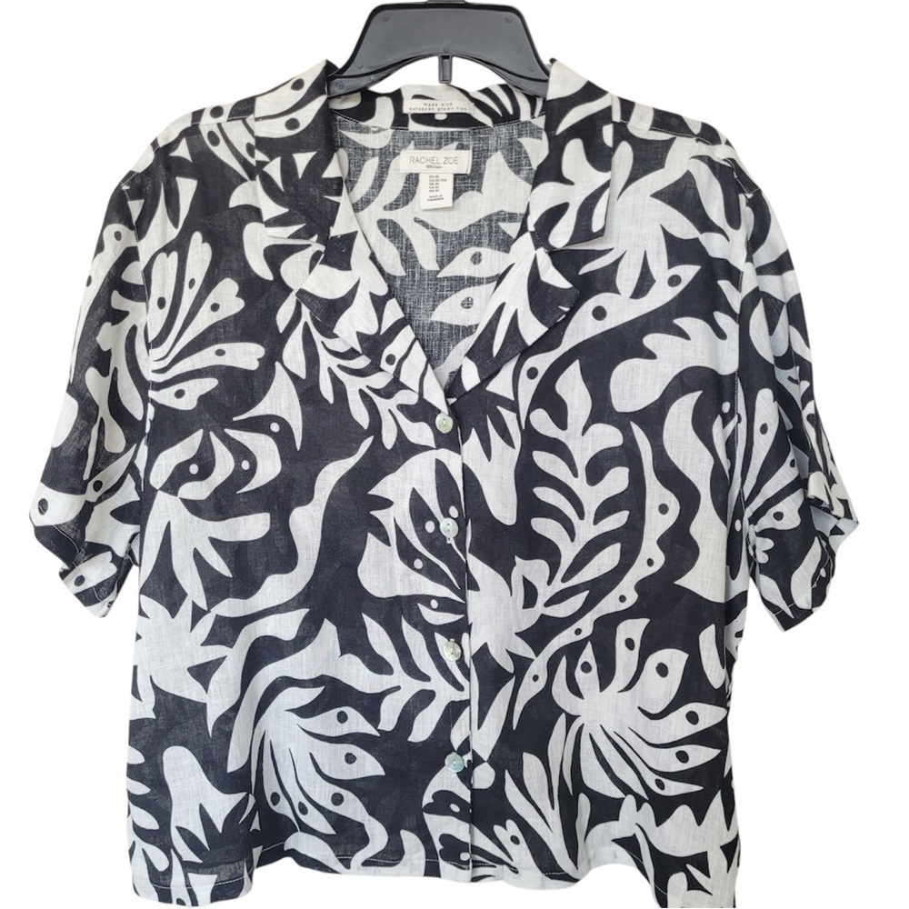 ✅ Rachel Zoe Monochrome Leaf Print Button Down Shirt 100% linen size XL